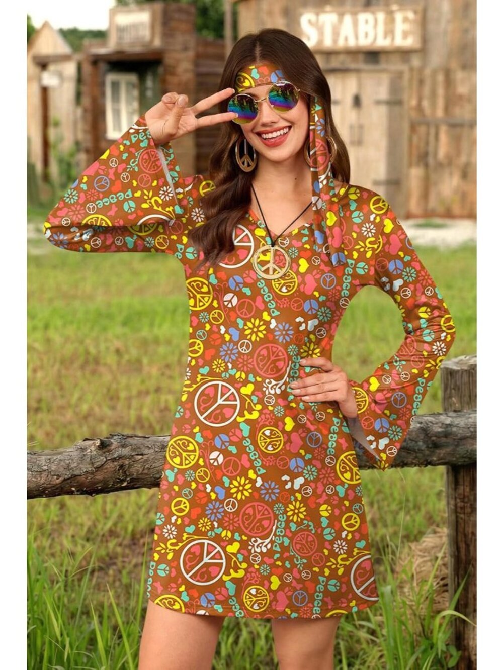 Women's Brown | Hippie 70s Hippie Halloween Costume Sunglasses Dress 5-Piece Set - Picture 3 of 6